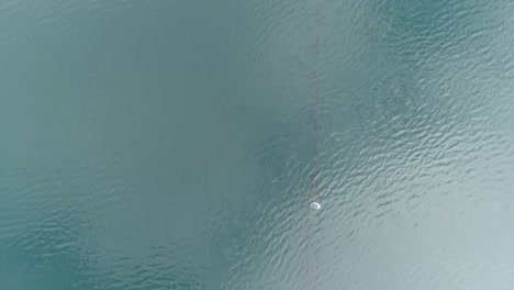 Topdown-aerial-along-calm-textured-loch-water,-following-the-line-of-a-fishnet-with-buoys-attached