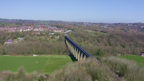 The-beautiful-Narrow-Boat-canal-route-called-the-Pontcysyllte-Aqueduct-famously-designed-by-Thomas-Telford,-located-in-the-beautiful-Welsh-countryside,-A-huge-bridge-viaduct-and-boat-repair-yard