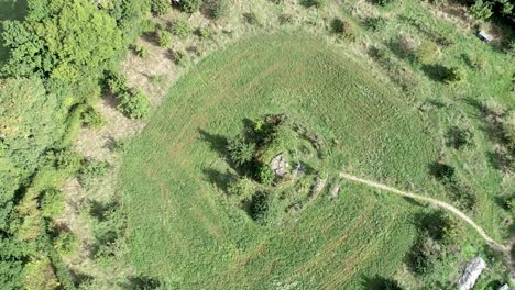 Downward-tracking-top-down-aerial-over-a-traditional-circular-peace-garden,-filled-with-flowers,-herbs-and-a-tranquil-bench-area