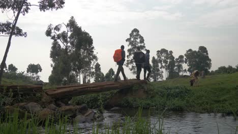 Eine-Zeitlupenaufnahme-Einer-Gruppe-Afrikaner,-Die-über-Einen-Kleinen-Holzsteg-über-Einen-Fluss-Im-Ländlichen-Ostafrika-Gehen