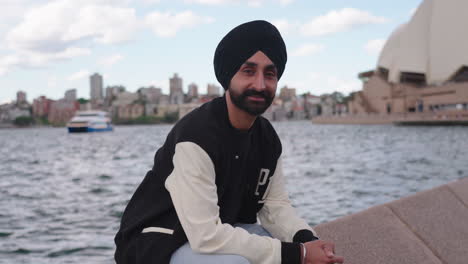 Portrait-Of-A-Handsome-Sikhi-Man-Near-Sydney-Opera-House-In-New-South-Wales,-Australia