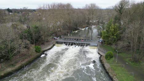 Shepperton-Weir-river-Thames-Surrey-UK-drone-aerial-pull-back-reveal