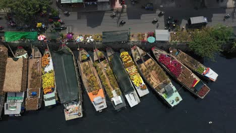 Static-top-down-Aerial-view-of-floating-flower-market-in-Saigon-or-Ho-Chi-Minh-City-in-Vietnam