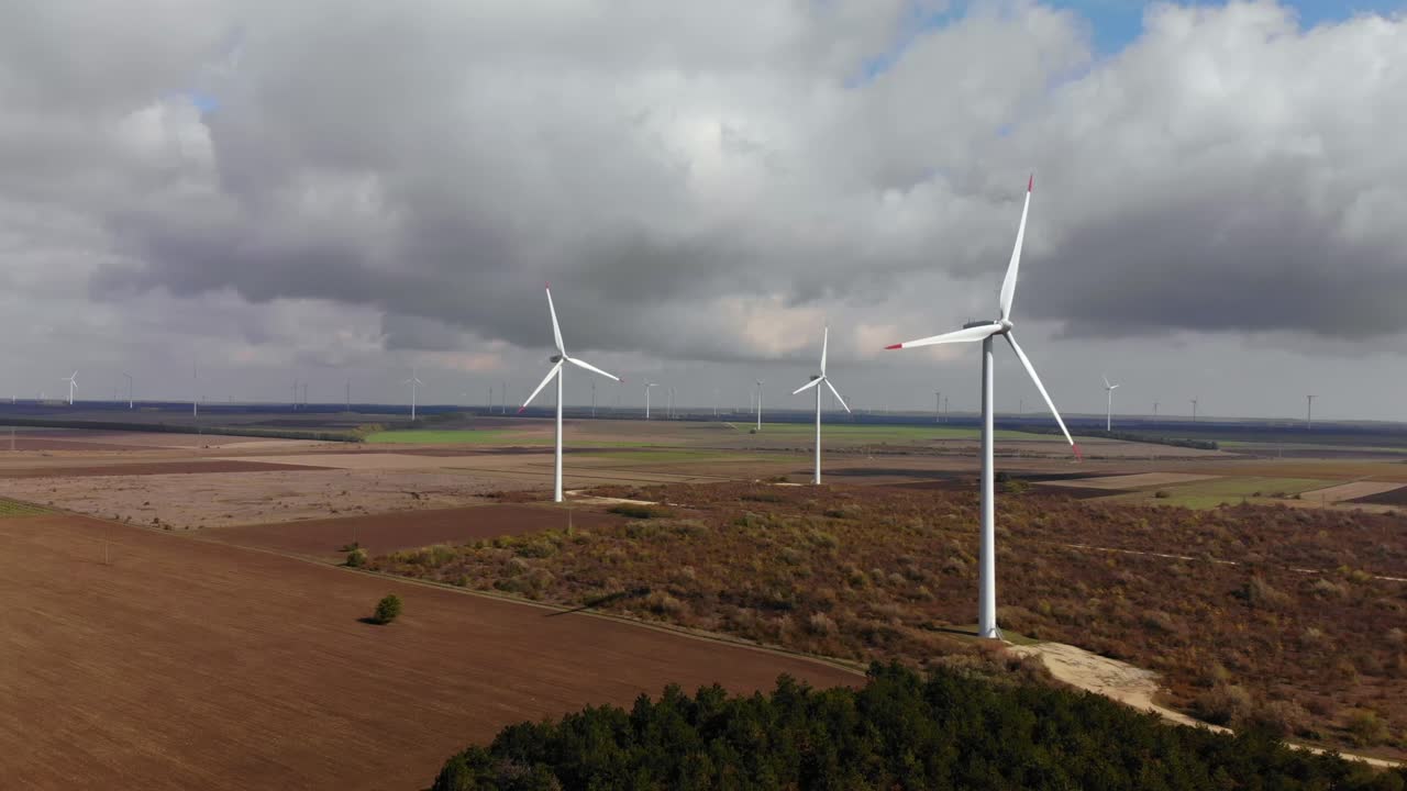 Right Side Drone Flight Around Running Wind Turbines Free Stock Video ...