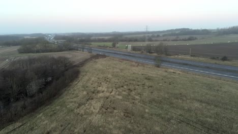 Aerial-view-overlooking-M62-British-motorway-countryside