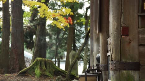 The-wooden-gate-of-a-temple-viewn-from-the-side,-autumnal-leaves-in-the-background-and-a-man-walking-by