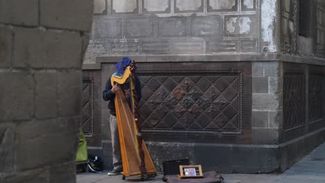 Straßenmusiker-Spielt-Harfe-In-Einer-Ecke