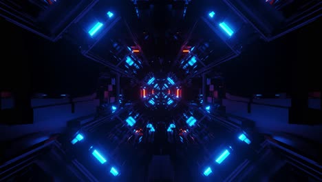 Motion-Graphics-Science-Fiction-Tunnel:-Blaue,-Orangefarbene-Achteckmuster,-Die-Sich-Vorwärts-Bewegen