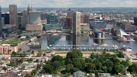 Aerial-tilt-up-reveals-Federal-Hill,-Inner-Harbor,-boats-and-clipper-ship-in-marina,-Patapso-River,-Chesapeake-Bay,-summer-sunny-day