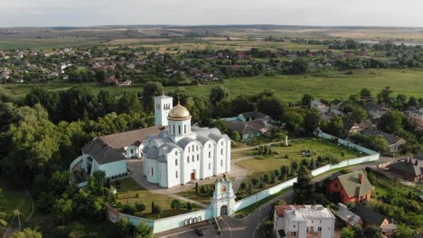 Aerial-View-of-Church-in-Ukraine-in-a-Small-Countryside-Town