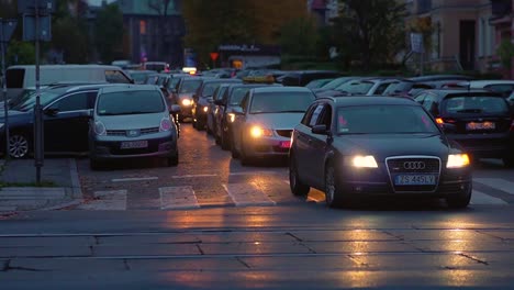 Cars-In-Traffic-On-The-Street-At-Dusk---Abortion-Ban-Protest-In-Szczecin,-Poland---static-shot