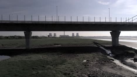 Modern-landmark-Mersey-Gateway-transport-bridge-drone-aerial-view-rising-right