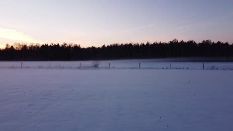 Wunderschöner-Tiefflug-über-Schneebedecktem,-Frostigem-Feld,-Neblige,-Neblige-Abendlandschaft-Nach-Sonnenuntergang,-Tierpfade-Im-Schnee,-Aufsteigende-Weitwinkel-Drohnenaufnahme