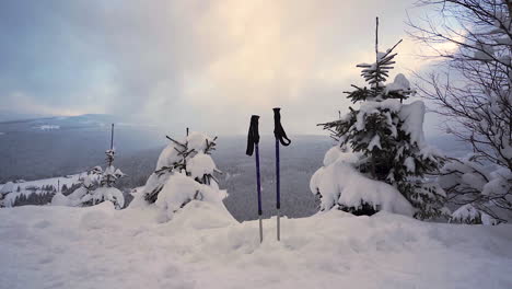 Ski-poles-thrust-into-a-snowdrift-on-a-mountain-cliff,windy,Czechia