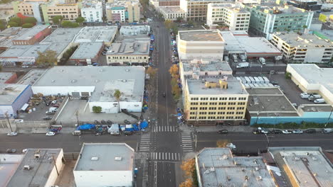 Drone-shot-showing-massive-homeless-encampment-in-Downtown-Los-Angeles's-Skid-Row