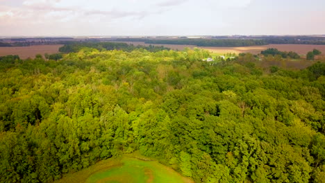 4K-aerial-footage-of-a-field,-forest,-and-farmland-in-Ohio