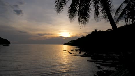 Sonnenuntergang-über-Einer-Tropischen-Ozeanszene-Mit-Palmen-Als-Silhouette