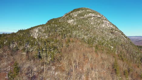 Aerial-footage-flying-over-the-transition-from-deciduous-to-coniferous-trees-on-the-side-of-a-mountain-after-a-late-fall-snow