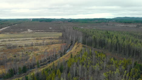 Aerial,-drone-shot,-towards-a-river,-surrounded-by-leafless,-autumn-forest-and-fields,-on-a-cold,-cloudy,-fall-day,-in-Juuka,-North-Karelia,-Finland