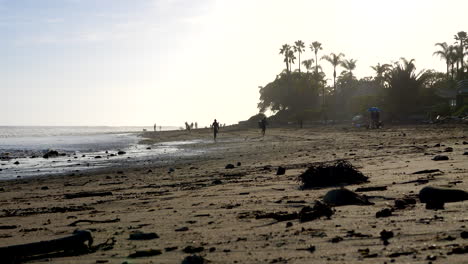 A-surfer-running-along-the-beach-to-Rincon-point-in-California-to-paddle-out-and-catch-a-wave-as-the-ocean-water-washes-on-the-shore