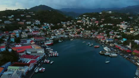 Stunning-Caribbean-city-by-the-Harbour-with-mountains-in-the-background-St-George,-Grenada