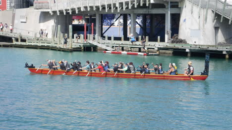 Group-of-people-canoeing-in-Wellington,-New-Zealand,-with-the-city-in-the-background,-on-a-sunny-day