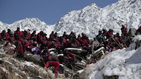 Beautiful-view-of-upper-Himalayas---Himalayan-trekkers-on-their-way-to-the-trail-or-destination-to-summit-Himalayas-peak