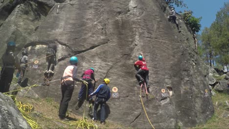 Rock-climbing-by-professional-mountaineer-of-a-reputed-mountaineering-institute-in-upper-Himalayas,-Uttarakhand-India