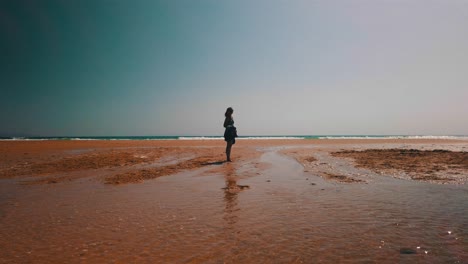 Silhouette-of-woman-walking-at-the-beach-in-Slow-Motion-4k
