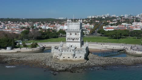 Aerial-view-of-Belem-Tower-in-Portuguese-Torre-de-Belem-or-the-Tower-of-Saint-Vincent-is-fortified-tower-located-in-the-civil-parish-of-Santa-Maria-de-Belem-in-the-municipality-of-Lisbon-Portugal-4k