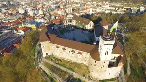Point-of-drone-view-Ljubljana-castle,-one-of-the-most-important-landmarks-of-the-city,-Slovenia