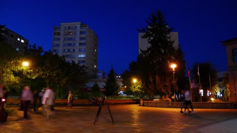 Timelapse-of-a-pedestrian-street-in-Pitesti,-Romania,-on-a-warm-summer-night