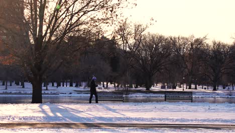 Man-walking-in-park-against-a-background-of-warm-light