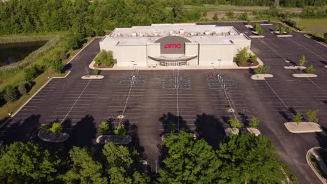 Closed-Movie-Theater-And-Empty-Parking-Lot-In-Monroe-County,-South-East-Michigan---Covid-19-Pandemic-Effect---aerial