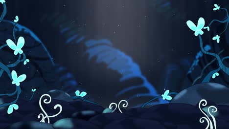 Animated-2D-landscape,-beautiful-blue-landscape,-floating-particles,-beam-light,-plants-and-butterflies-move