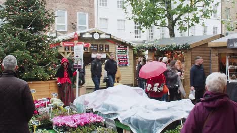 Christmas-market-in-York,-women-dressed-in-medieval-costume-holding-placard-in-front-of-Christmas-tree