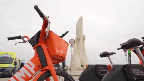 Jump-electric-bikes-for-rent-near-Mosteiro-dos-Jerónimos-anda-Padrão-dos-descobrimentos-in-Belém-district,-Lisbon,-Portugal