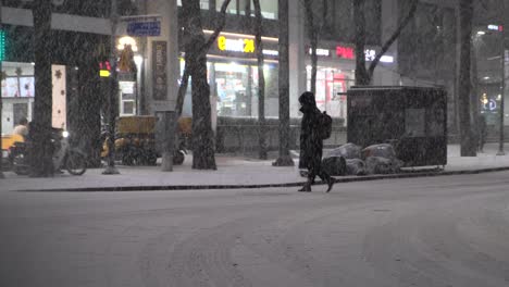 Persona-Anónima-Cruzando-La-Calle-Con-La-Capucha-Levantada-En-Una-Fuerte-Tormenta-De-Nieve,-Seúl