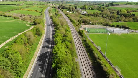 Coronavirus-lockdown-leads-to-few-commuters-on-roads-and-rail-services,aerial-view-includes-GAA-sports-field