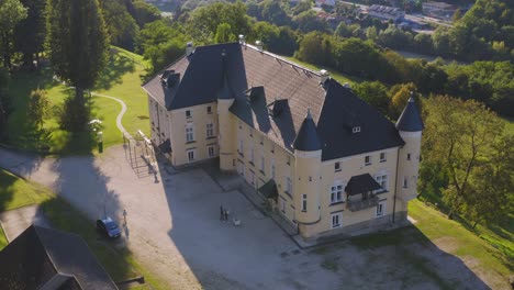 An-aerial-shot-of-the-Bukovje-Manor-in-the-town-of-Dravograd-in-Slovenia