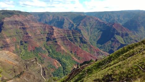 4K-Hawaii-Kauai-Schwenk-Von-Rechts-Nach-Links-Des-Waimea-Canyons,-Der-Mit-Zweigen-Und-Grün-Im-Vordergrund-Und-Einem-Wasserfall-In-Weiter-Ferne-Und-Teilweise-Bewölktem-Himmel-Endet