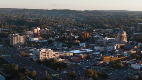 Aerial-drone-footage-showing-downtown-area-of-Middletown-Connecticut