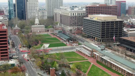 Independence-Hall,-Founding-Fathers-Sign-Declaration-Of-Independence,-aerial-drone-shot-during-pandemic