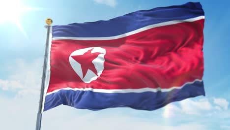 4k-Ilustración-3d-De-La-Bandera-Ondeante-En-Un-Poste-Del-País-Corea-Del-Norte