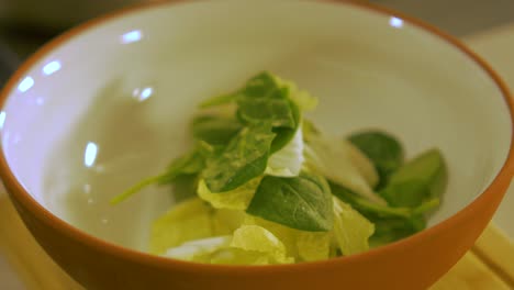 The-cook-puts-fresh-green-spinach-leaves-and-napa-cabbage-in-to-the-white-clay-pot,-making-pasta-salad,-handheld-close-up-shot