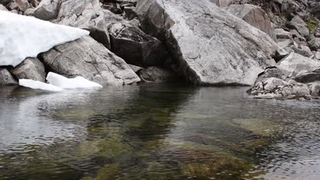 Mittlere-Aufnahme-Von-Ruhigem-Natürlichem-Teichwasser-Aus-Den-Bergen-Und-Schmelzendem-Schnee-In-Norwegen
