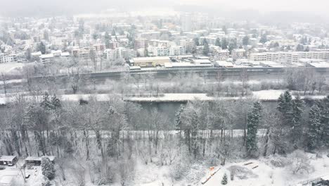 Static-shot-of-a-forest,-river,-highway-and-a-Urban-area-in-a-snow-blizzard