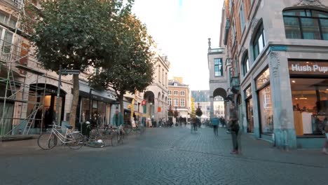 TimeLapse-of-central-street-in-Leuven,-leading-to-Grote-Markt,-Belgium