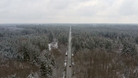 Wide-view-over-a-long,straight-road-leading-through-a-forest-in-the-winter-season,-drone-footage-in-4k-flying-forward-slowly-following-a-driving-car-to-the-horizon
