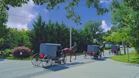 Drei-Amische-Pferdewagen-Fahren-An-Einem-Sonnigen-Sommertag-Die-Landstraße-Entlang